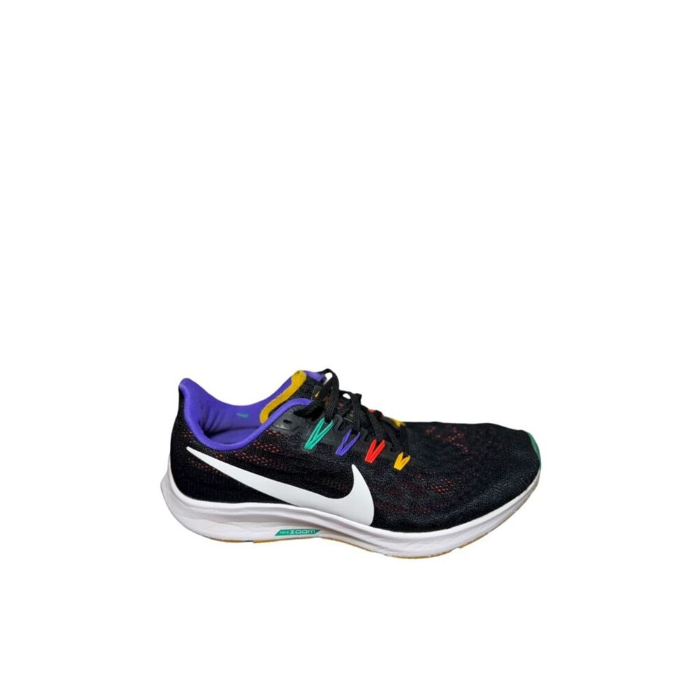 Nike Black Running Shoe with White Swoosh and Multicolor Eyelets size 9